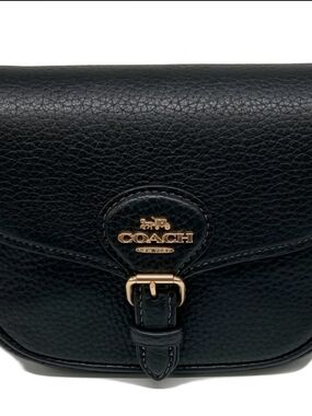 Coach Black Pebbled Leather Crossbody with Gold Hardware and Buckle Accent